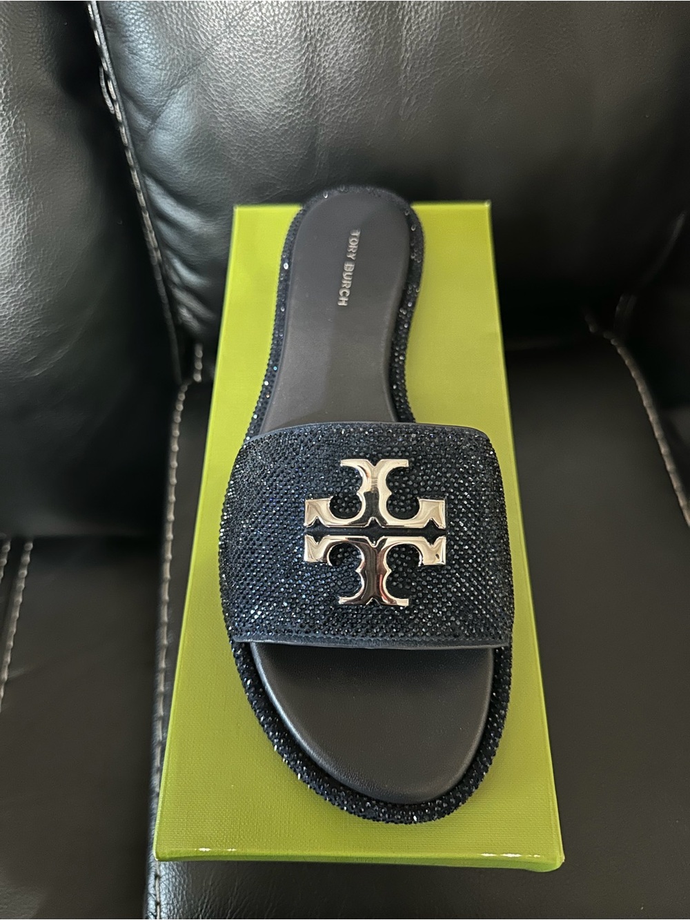 Tory Burch Navy Blue Crystal Logo Slide
